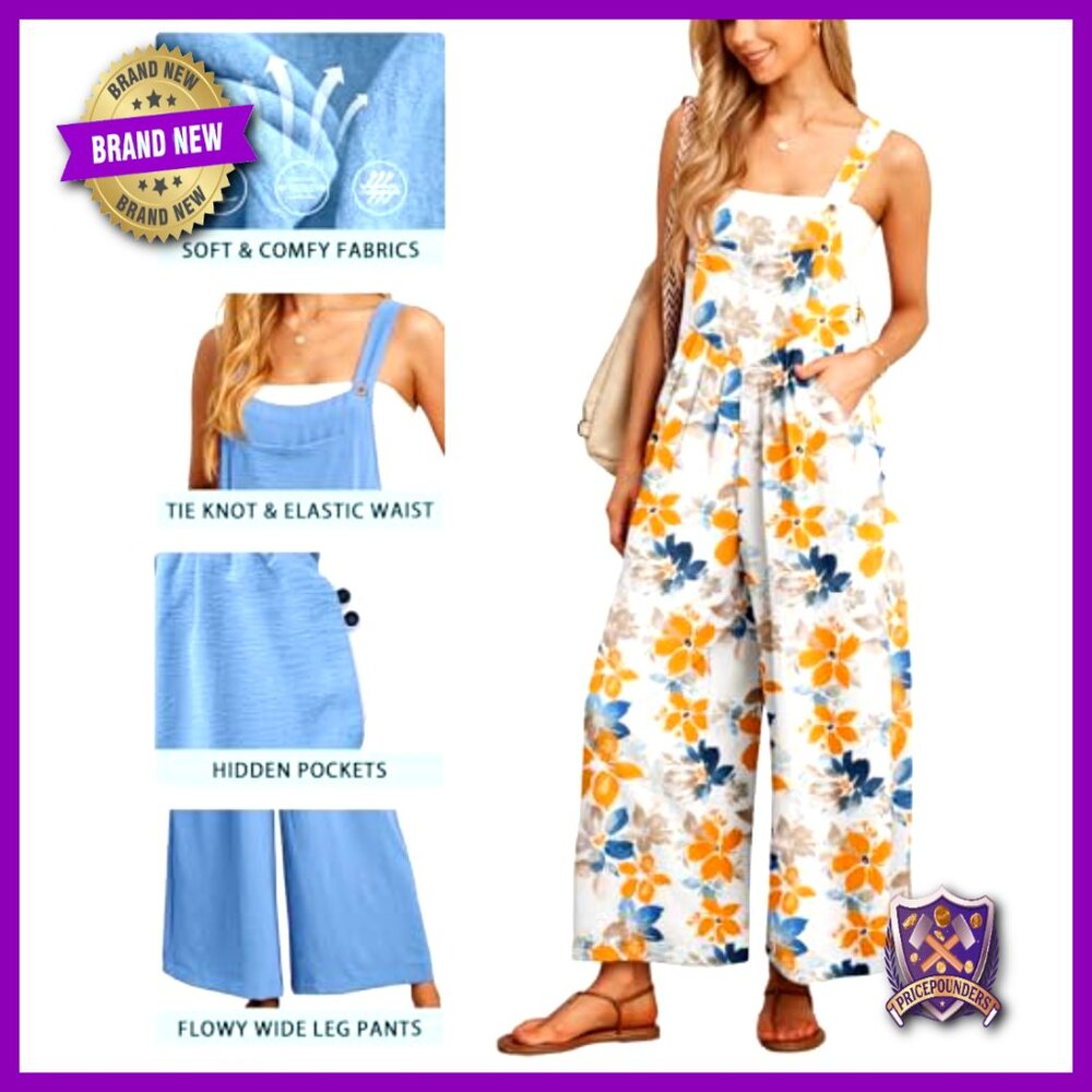 Wide Leg Jumpsuit Overalls with Pockets, 100% Polyester, Loose Fit - Picture 4 of 7
